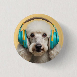 Poodle wearing headphones 3 cm round badge