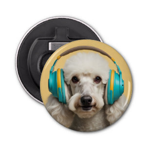 Poodle wearing headphones bottle opener