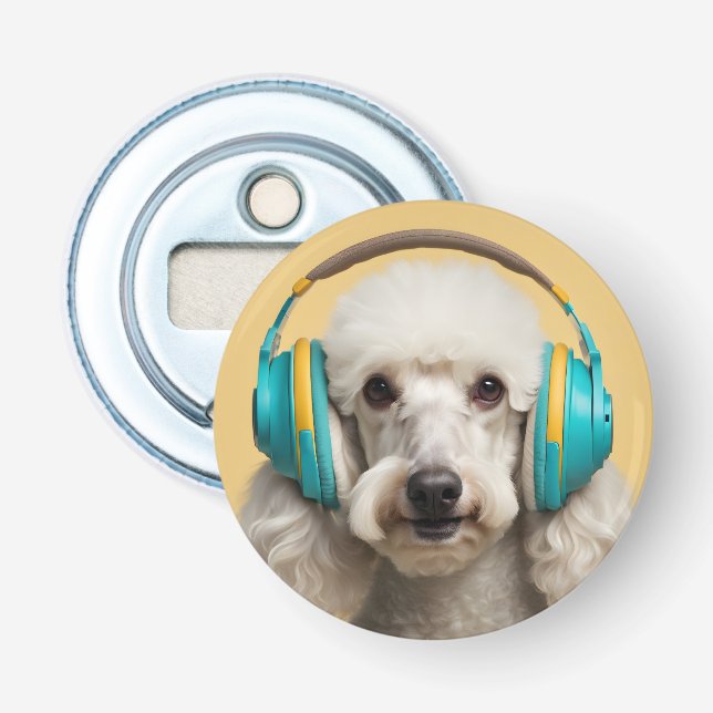 Poodle wearing headphones bottle opener (Front)