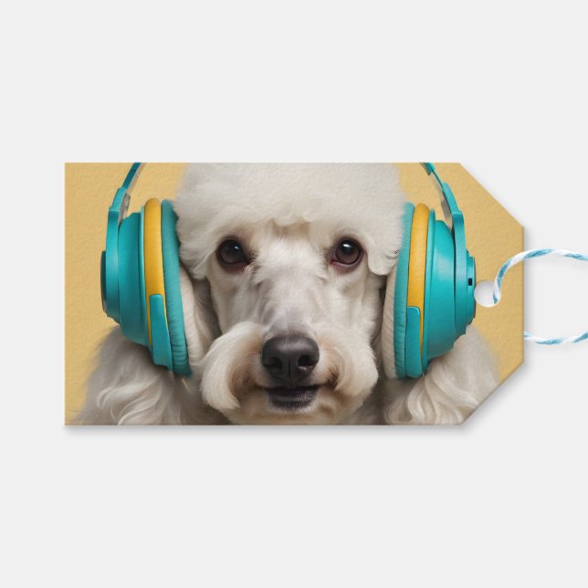 Poodle wearing headphones gift tags (Front (Horizontal))