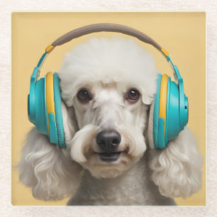 Poodle wearing headphones glass coaster
