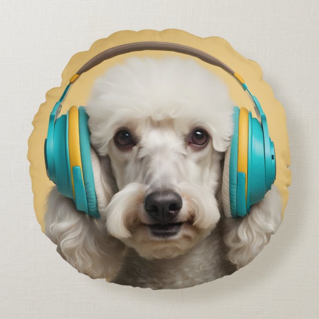 Poodle wearing headphones round cushion (Front)