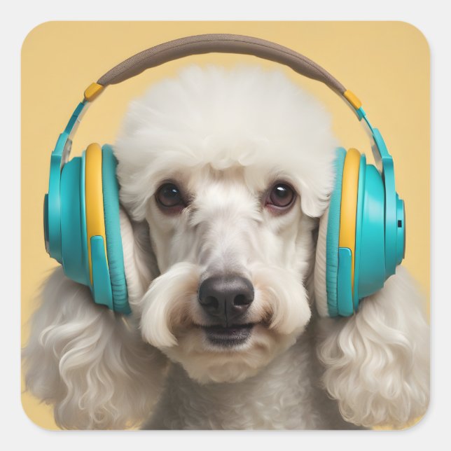 Poodle wearing headphones square sticker (Front)
