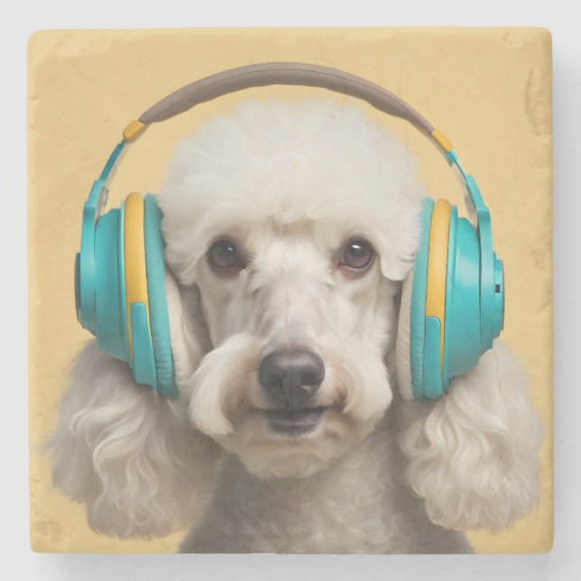 Poodle wearing headphones stone coaster (Front)