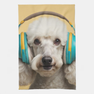 Poodle wearing headphones tea towel