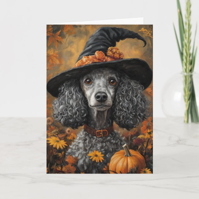 Poodle Witch Halloween Holiday Card (Front)