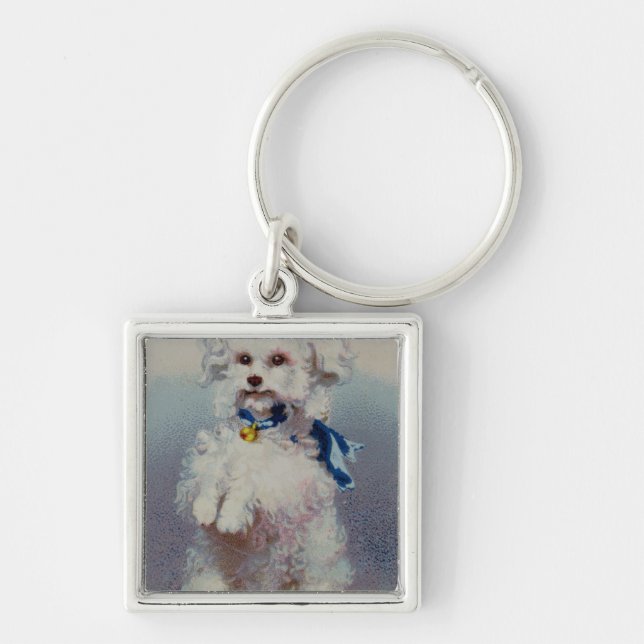 Poodle with blue ribbon key ring (Front)
