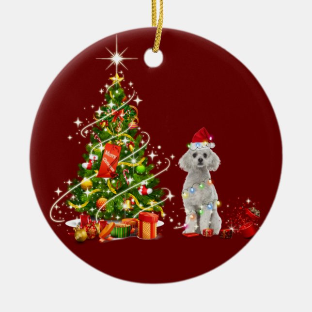 Poodle With Hat Scaft Christmas Ceramic Tree Decoration (Front)