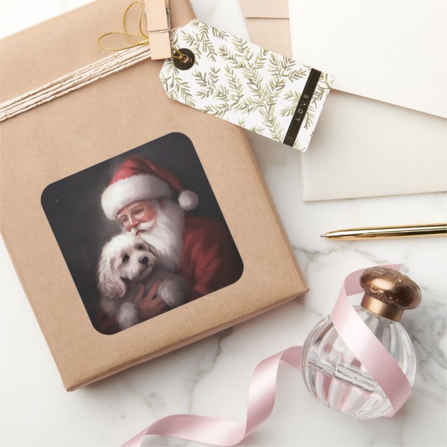 Poodle With Santa Claus Festive Christmas  Square Sticker (Gifting)