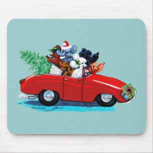 Poodles Christmas Vintage Car Art Print Mousepad