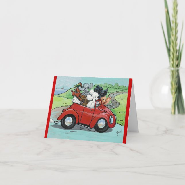 Poodles in Vintage Red Convertible Card (Front)