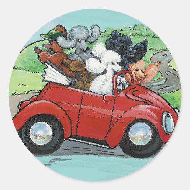 Poodles in Vintage Red Convertible Classic Round Sticker (Front)