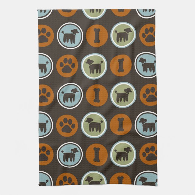 Poodles Pattern with Paw Prints and Dog Biscuits Tea Towel (Vertical)