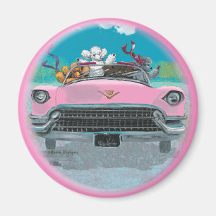 Poodles Pink Convertible Retro Print Magnet