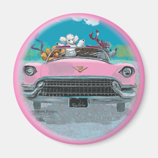 Poodles Pink Convertible Retro Print Magnet (Front)