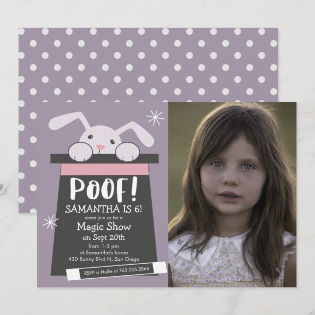 POOF Magic Show Birthday Party Bunny Photo Invitation (Front/Back)