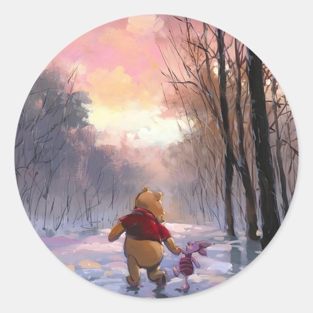 Pooh and piglet winter  classic round sticker (Front)