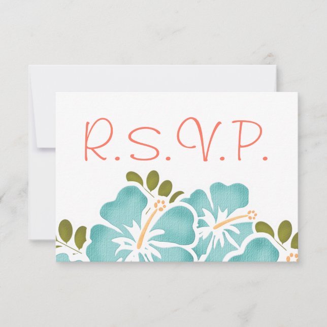 POOL AND CORAL HIBISCUS RSVP WEDDING RESPONSE CARD (Front)