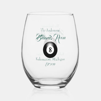 Pool Billiards Room 8 Ball Cocktail  Stemless Wine Glass