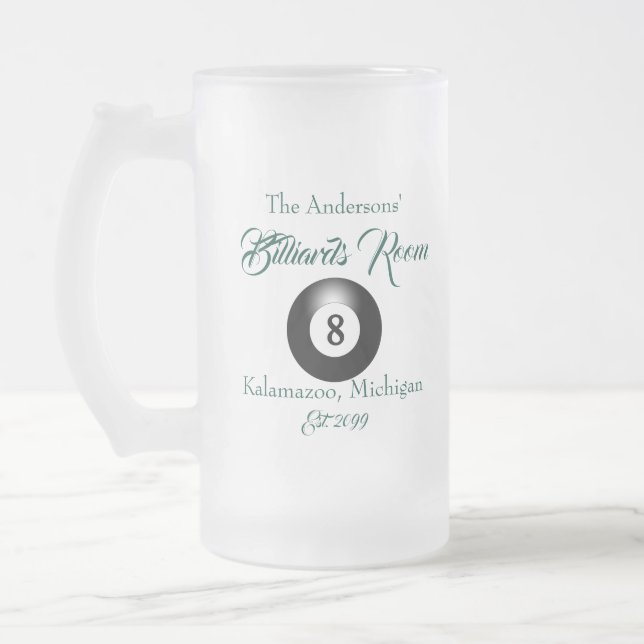Pool Billiards Room 8 Ball Drinkware  Frosted Glass Beer Mug (Left)