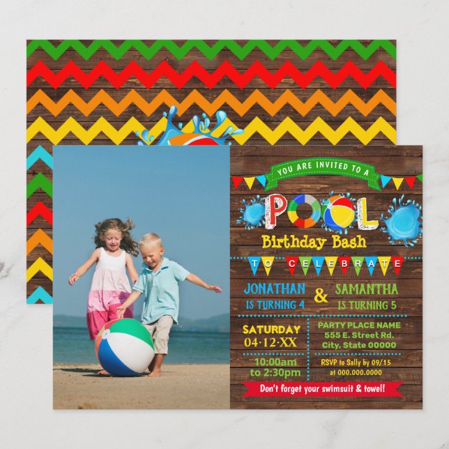 Pool birthday bash siblings combined party photo invitation (Front/Back)
