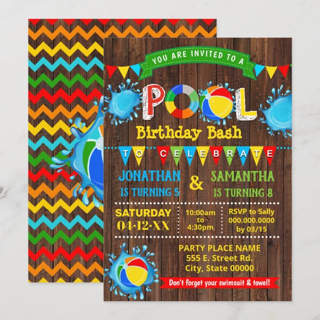 Pool birthday bash siblings combined party wood invitation (Front/Back)
