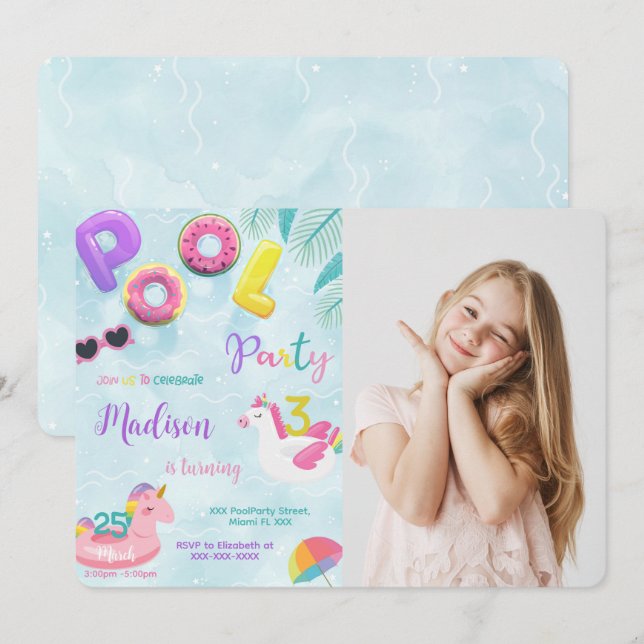 Pool Birthday Invitation, Photo Invitation (Front/Back)