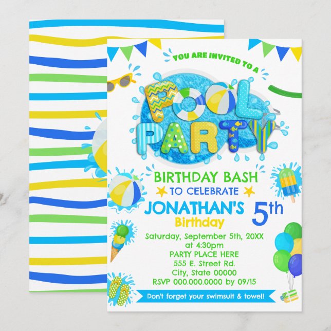 Pool Birthday Party Blue Green Yellow Invitation (Front/Back)