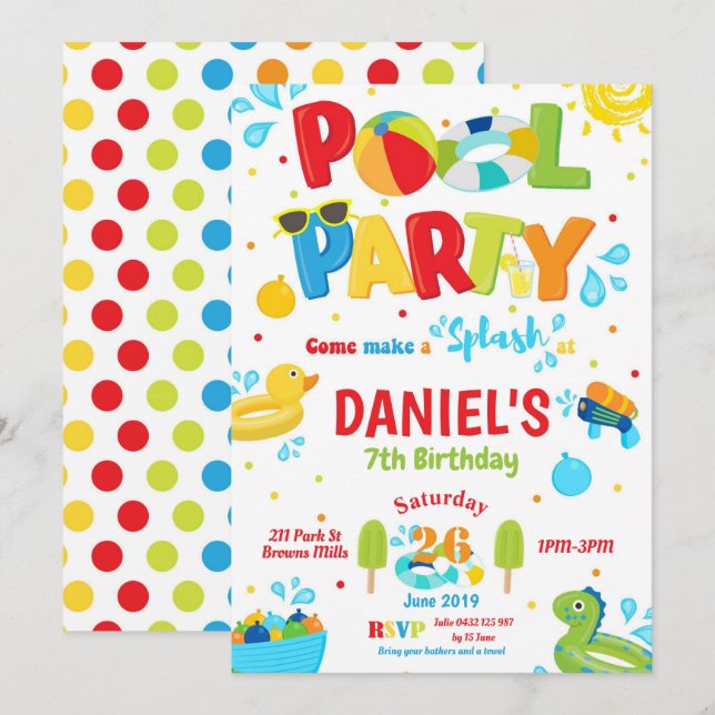 Pool Birthday Party Boy Swim Beach Summer Invitation (Front/Back)