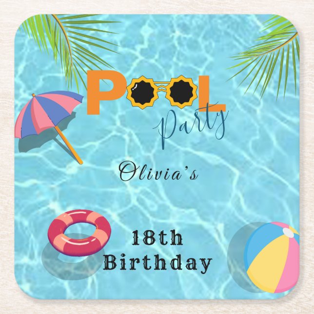 Pool Birthday Party celebration theme Square Paper Coaster (Front)