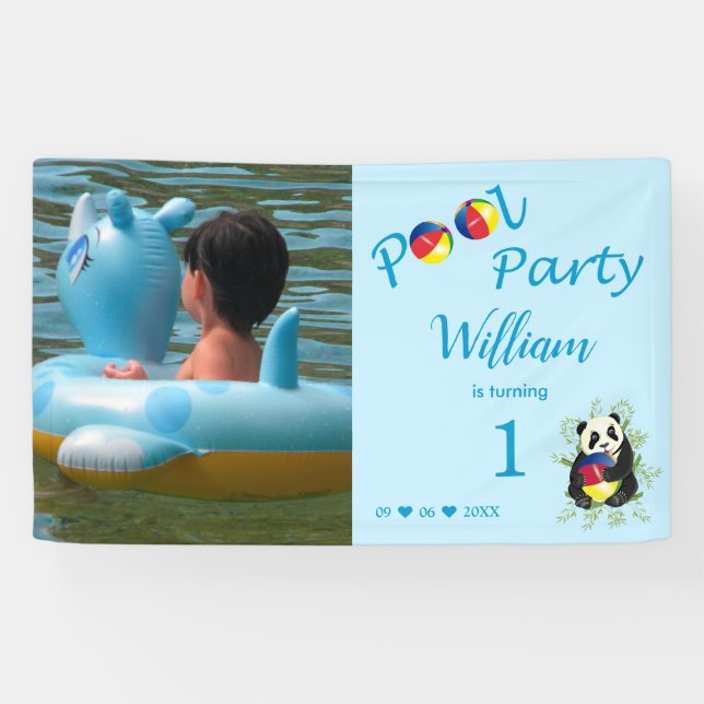 Pool Birthday Party Cute Panda Playing Ball Banner (Horizontal)