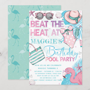 Pool Birthday Party Cute Pink Turquoise Invitation