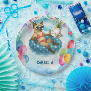 Pool Birthday Party for Cat Lovers Paper Plate