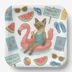 Pool Birthday Party for Cat Lovers Paper Plate