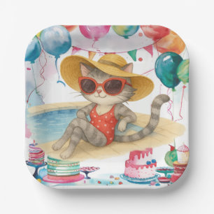 Pool Birthday Party for Cat Lovers Paper Plate
