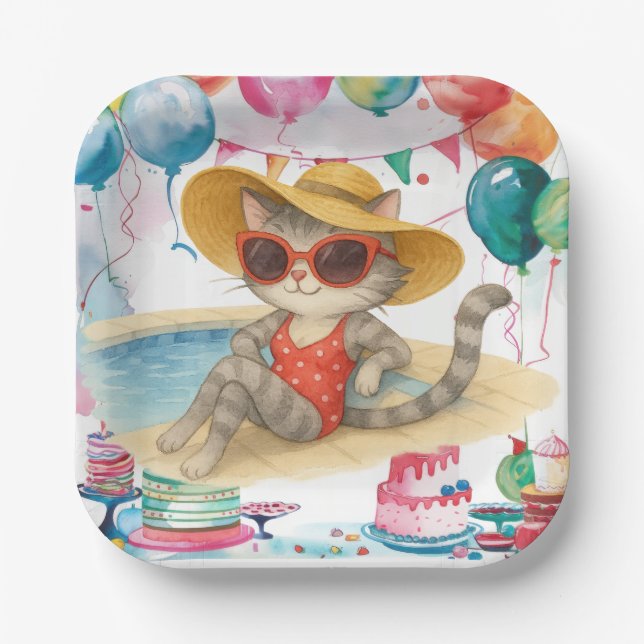 Pool Birthday Party for Cat Lovers  Paper Plate (Front)
