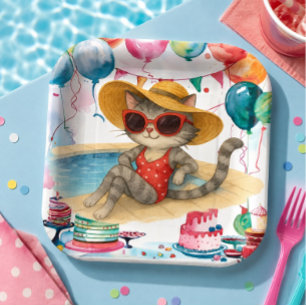 Pool Birthday Party for Cat Lovers Paper Plate