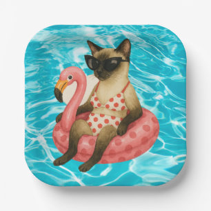 Pool Birthday Party for Cat Lovers Paper Plate