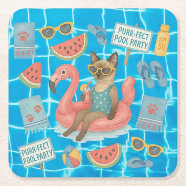 Pool Birthday Party for Cat Lovers  Square Paper Coaster (Front)