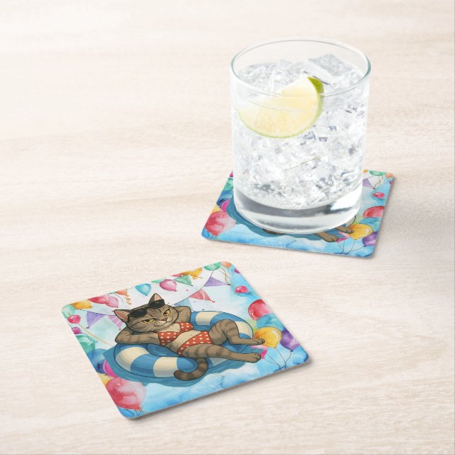 Pool Birthday Party for Cat Lovers  Square Paper Coaster (Insitu)