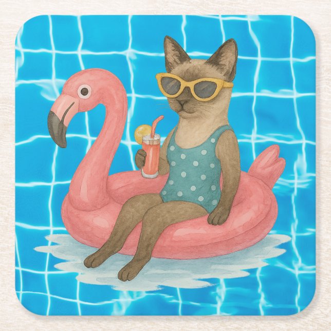 Pool Birthday Party for Cat Lovers  Square Paper Coaster (Front)