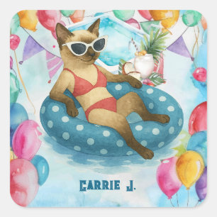 Pool Birthday Party for Cat Lovers   Square Sticker