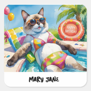 Pool Birthday Party for Cat Lovers  Square Sticker