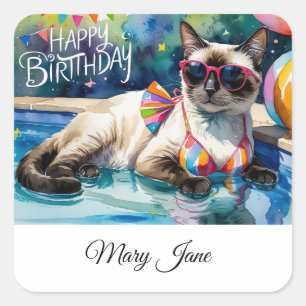 Pool Birthday Party for Cat Lovers  Square Sticker
