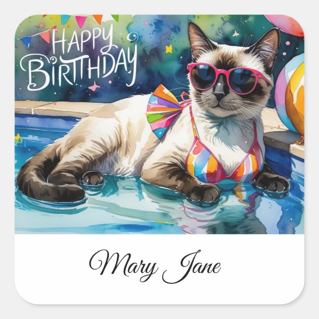 Pool Birthday Party for Cat Lovers  Square Sticker (Front)