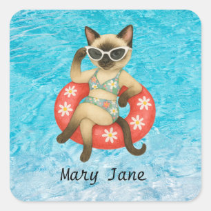 Pool Birthday Party for Cat Lovers with name Square Sticker