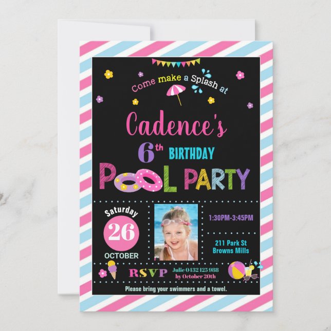 Pool Birthday Party Girl Photo Invitation (Front)