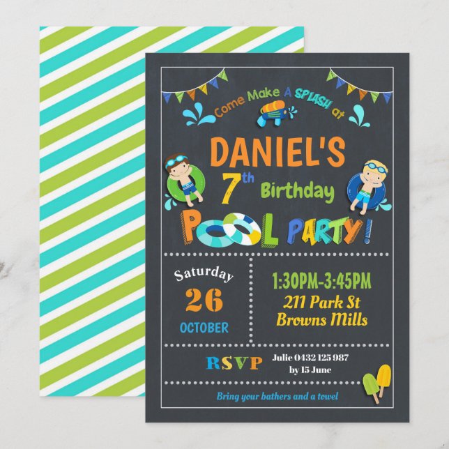 Pool Birthday Party Invitations Boys (Front/Back)