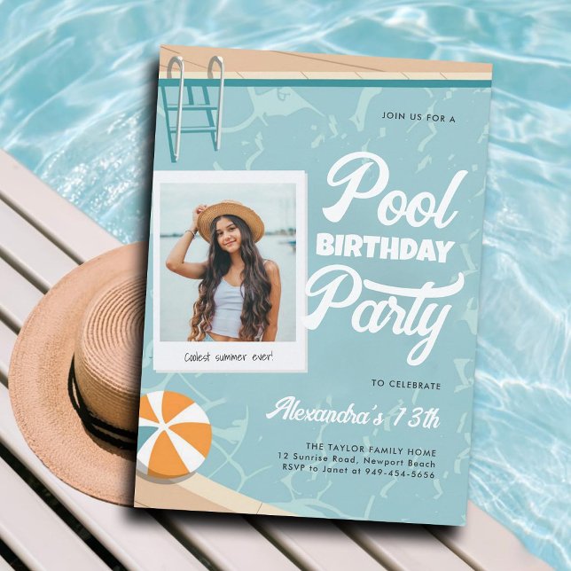 Pool Birthday Party Modern Summer Teen Tween Photo Invitation (teen pool party invitations for girls tween thirteen photo template modern vintage cute cool chic)