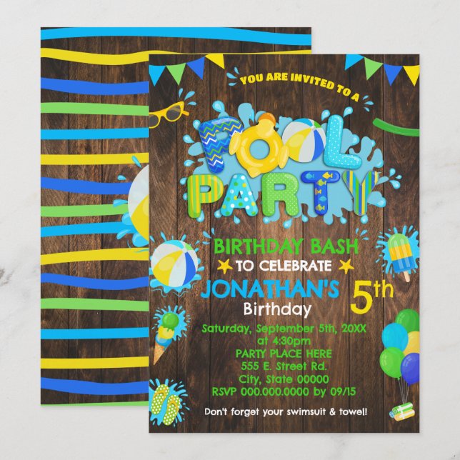 Pool Birthday Party Rubber Duck Blue Green Wood Invitation (Front/Back)